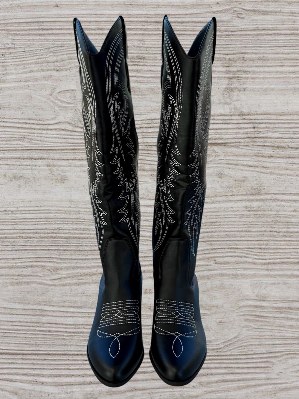 SHEIN Black Faux Leather Embroidered Flame/Leaf Knee-High Western Boots CN40/8 - Picture 3 of 9
